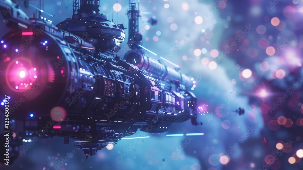 Poster a massive spaceship docking at a trade outpost with a banner displaying crypto accepted in multiple 