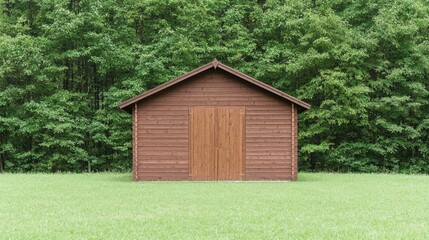 Wooden shed in green field, forest backdrop; nature, tranquility