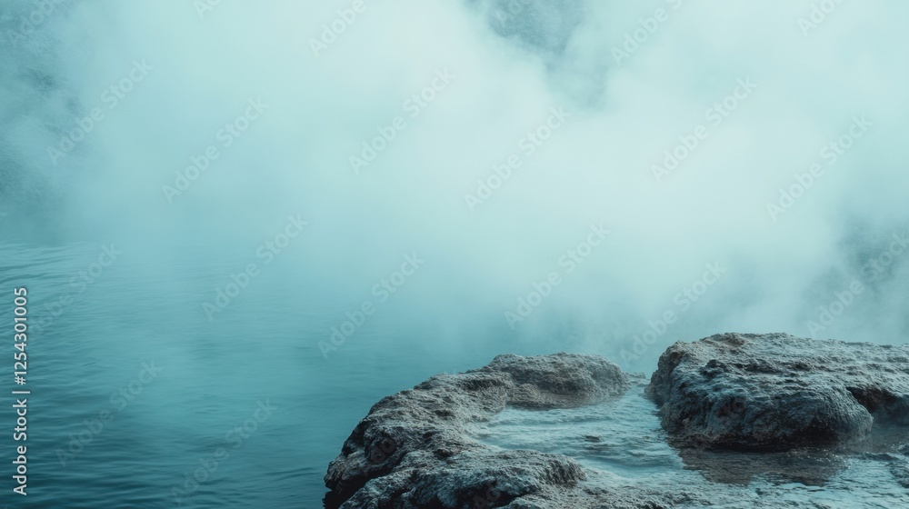 Poster relaxing in a serene hot spring with steam rising amid rocky edges in a tranquil setting. generative