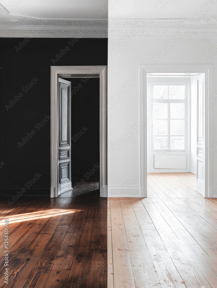 Poster contrast of old dark interiors and bright modern design in a renovated room showing transformation. 