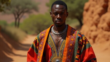 Obraz premium A confident man wears a vibrant African traditional outfit, rich in bold colors, intricate embroidery, and cultural heritage, standing proudly against a natural, earthy backdrop.