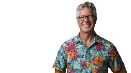 Smiling mature man in colorful shirt on transparent background