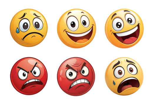 Set of Six Expressive Emojis Showing Different Emotions – Happiness, Anger, Sadness, and Fear
