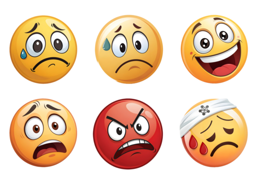 Set of Six Emotional Emoji Faces Expressing Different Feelings