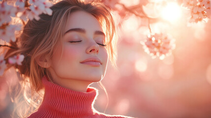 Fototapeta premium Australian woman in red ribbed necks closed eyes enjoy fresh air in park with cherry blossom