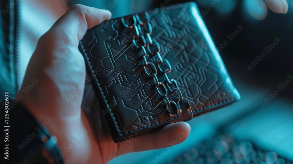 Poster a person holding a physical wallet with a chain link design signifying the secure and decentralized 