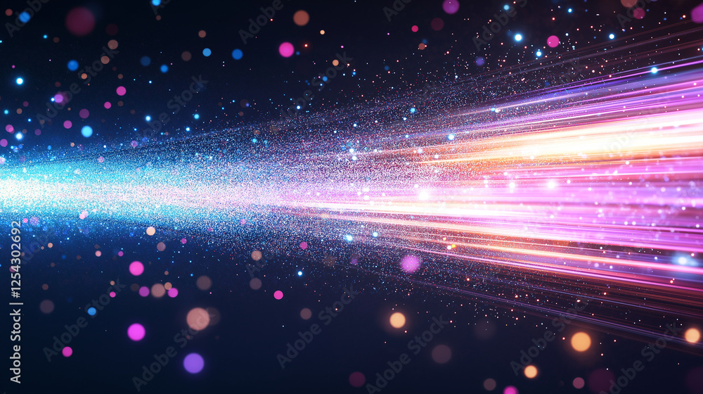 Poster neon light trails: abstract streaks of vibrant neon light blaze across a dark background, interspers