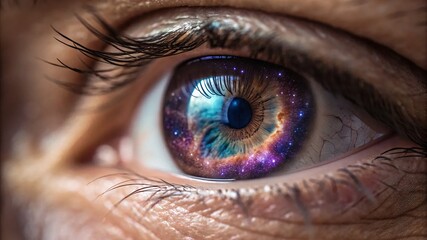 Galactic Iris: Extreme Close-Up of a Human Eye with a Swirling Nebula and Sparkling Stars Reimagined as the Iris, a Hyperrealistic and Surreal Depiction of the Universe Within, Full of Detail