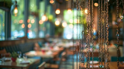 A farmtotable restaurant with chains adorning the walls emphasizing how blockchain is allowing for direct and transparent sourcing of ingredients from local farms.