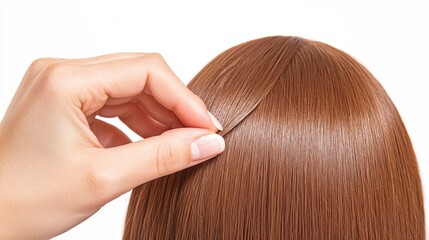 Fototapeta premium Close-Up of Hair Styling with a Hand Adjusting Wig Hair on a White Background,3D rendering