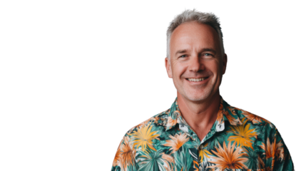 Smiling mature man in tropical shirt on transparent background