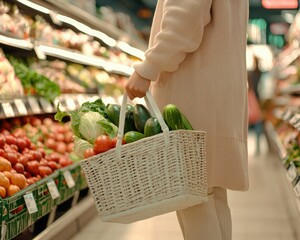 A person holds a woven basket filled with fresh vegetables and fruits while shopping in a grocery store aisle.