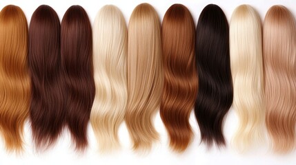 Fototapeta premium Various Natural Hair Colors in Wigs Displayed on a White Background for Beauty and Fashion Needs,3D rendering