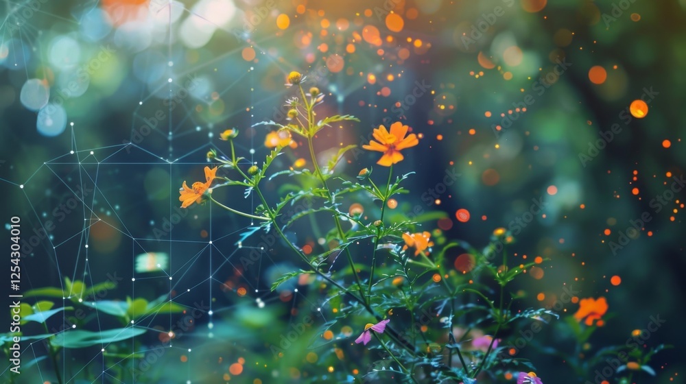 Poster a digital garden with blooming flowers and blockchain symbols floating above showcasing how blockcha