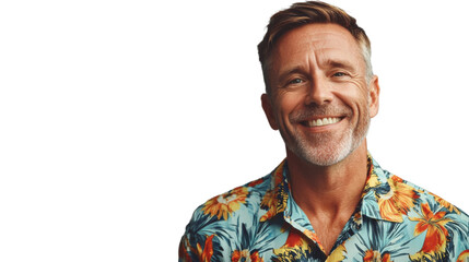 Smiling mature man in floral shirt on transparent background