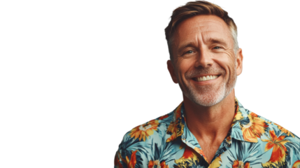 Smiling mature man in floral shirt on transparent background