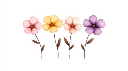 Naklejka premium Four colorful flowers in a minimalist design, showcasing soft petals and leaves, ideal for decor