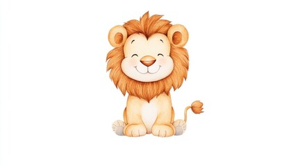 Naklejka premium Cute cartoon lion character sitting happily on a white background, ideal for children's illustrations