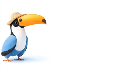 Naklejka premium Cartoon toucan wearing a straw hat, standing on a white background, cheerful expression