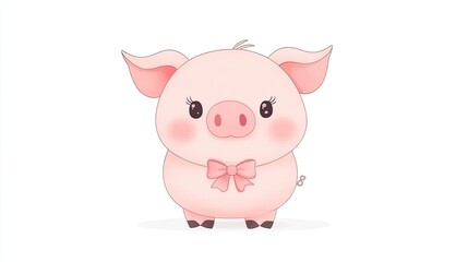 Fototapeta premium Cute cartoon piglet with a bow, standing on a white background, ideal for children's illustrations