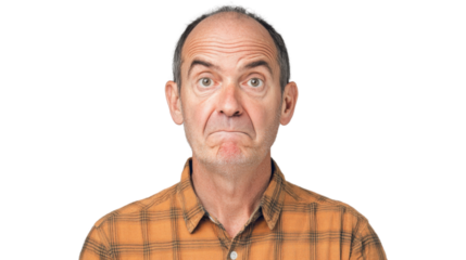 Confused senior man making a face on transparent background