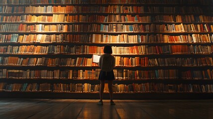 Young girl reading a book in a large library