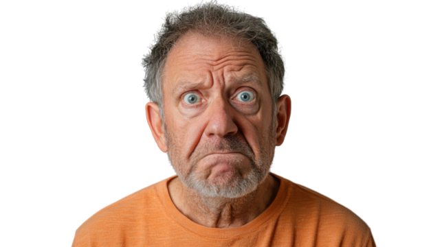 Senior man making grimace with transparent background