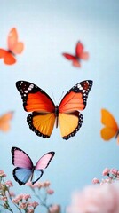 Obraz premium Colorful Butterflies Against a Soft Blue Background with Pink Flowers