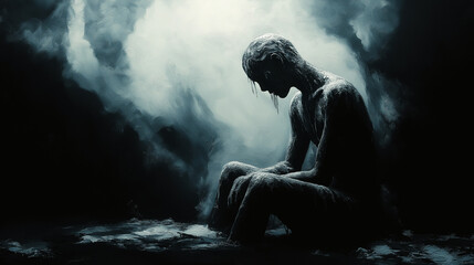 Obraz premium A sorrowful figure, frozen in grief, sits in darkness as mist swirls around, trapped between despair and solitude, lost in the weight of emotion.