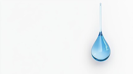A single blue water droplet suspended in mid-air against a white background, symbolizing purity