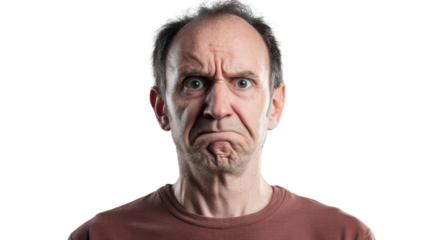 Middle-aged man showing frustration with a transparent background