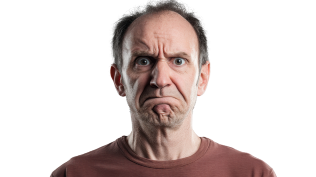 Middle-aged man showing frustration with a transparent background