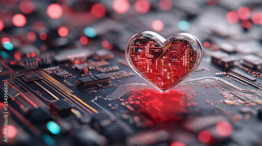 Poster digital heart: a captivating abstract image showcasing a translucent, glowing red heart resting on a
