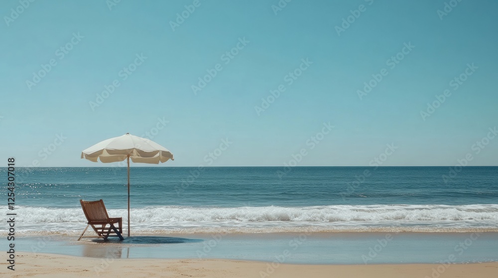 Poster relaxing on the beach with a lounge chair and umbrella under a clear blue sky overlooking calm ocean