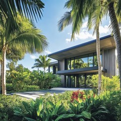 Modern tropical house surrounded by lush greenery on a sunny day in a serene tropical location