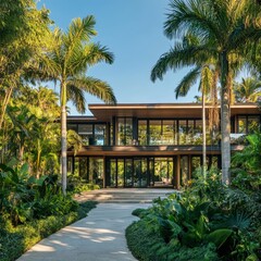 Fototapeta premium Elegant modern villa surrounded by lush greenery in tropical setting during bright sunny day