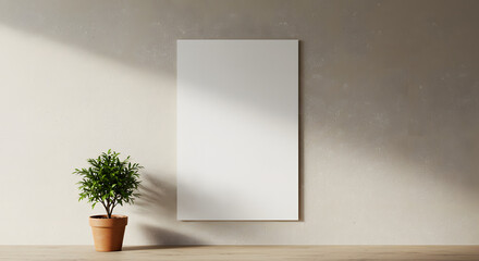 Blank Poster Mockup with Potted Plant and Sunlight for Art Display