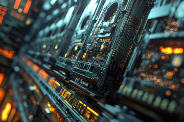 Bitcoin mining server farm with high-performance GPUs and advanced cooling systems for cryptocurrency processing