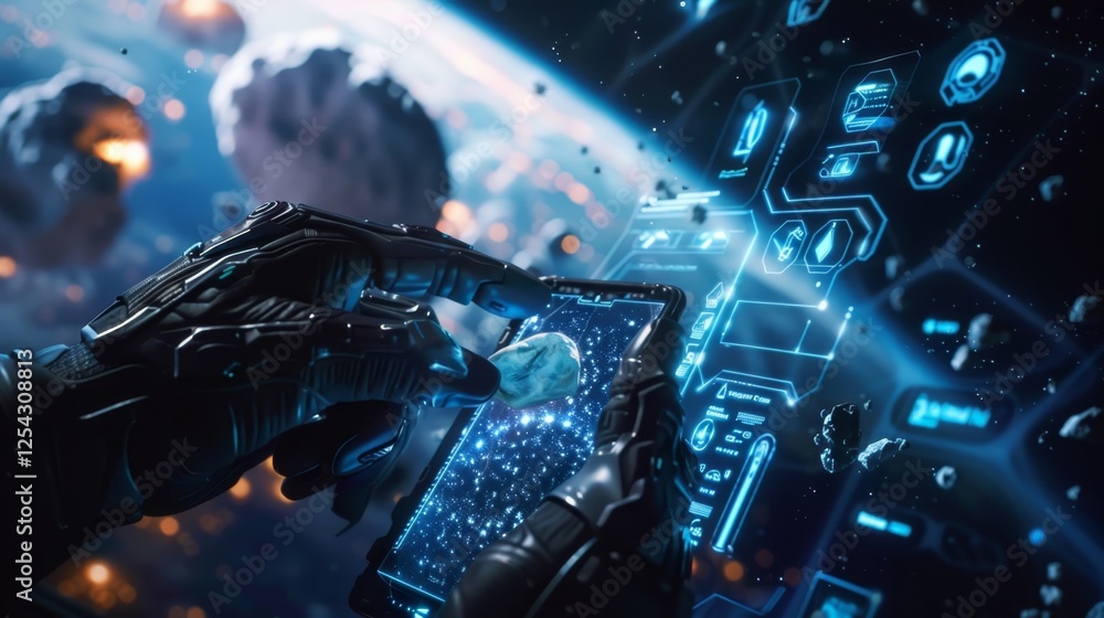 Poster a starship captain paying for a shipment of rare materials using a handheld device that utilizes cry