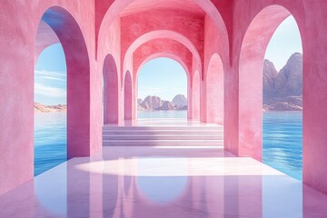 3D render of a minimal abstract background with pastel blue and pink colors, stairs leading to a desert landscape, white marble floor, geometric shapes, and soft light reflection on water.