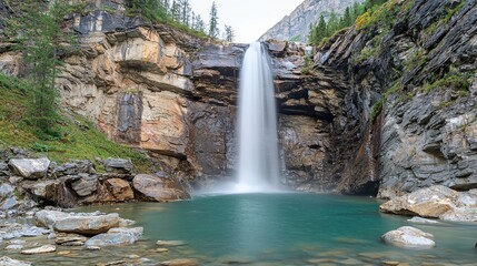 Fototapeta premium Alpine waterfall cascading into turquoise pool