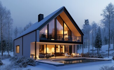 Modern Winter House with Pool and Large Windows