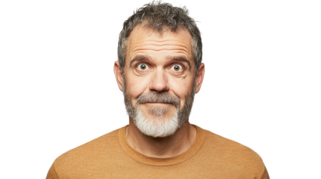 Mature man with transparent background making a funny face