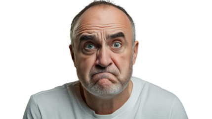 Portrait of confused senior man showing puzzled emotion on transparent background