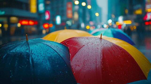 Colorful umbrellas on a rainy city street at night. A vibrant scene of urban life.