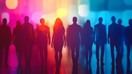 Silhouetted figures walk through vibrant city lights