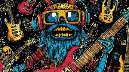 Obraz premium Cartoon skull playing electric guitar, musical instruments background