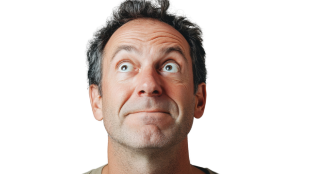 Curious man looking up with transparent background