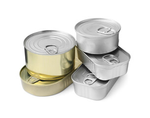 Many closed tin cans isolated on white