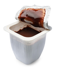 Delicious chocolate yogurt in plastic cup isolated on white